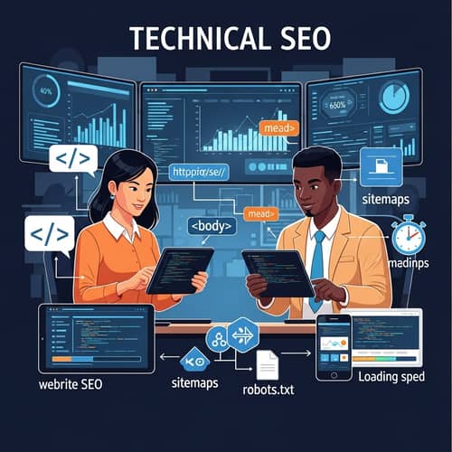 Technical SEO Illustration | SEO Elements, Coding Symbols, Sitemaps
