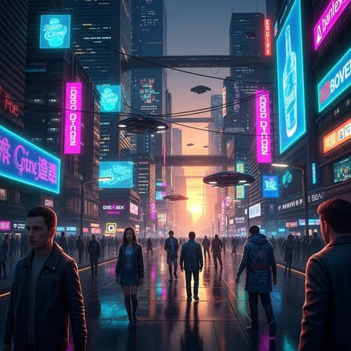 Neon Cyberpunk Cityscape at Sunset | Vibrant Colors & Diversity