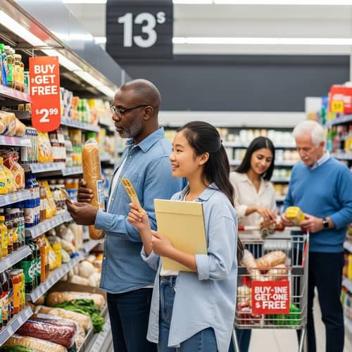 Diverse Shoppers at Grocery Store Finding Deals for Maximum Savings