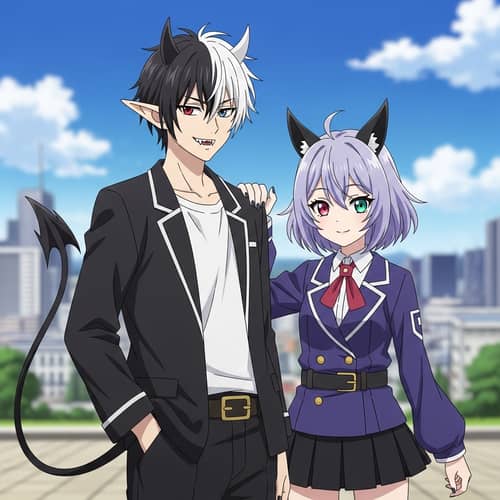 Demon Anime Boy with Black & White Hair and Girlfriend