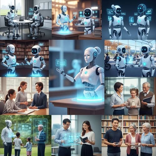 Futuristic AI Robots Teaching Humans in Diverse Environments