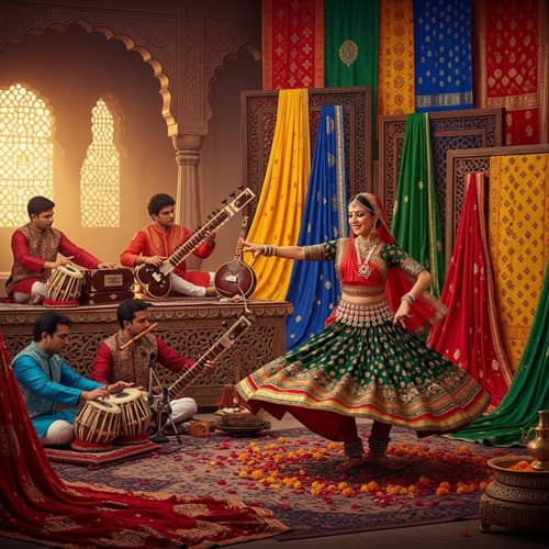 Traditional Indian Culture Scene: Dance, Textiles, Instruments