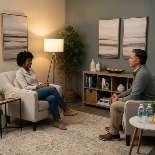Serene Psychotherapy Session with Black Female Client and Hispanic Male Therapist