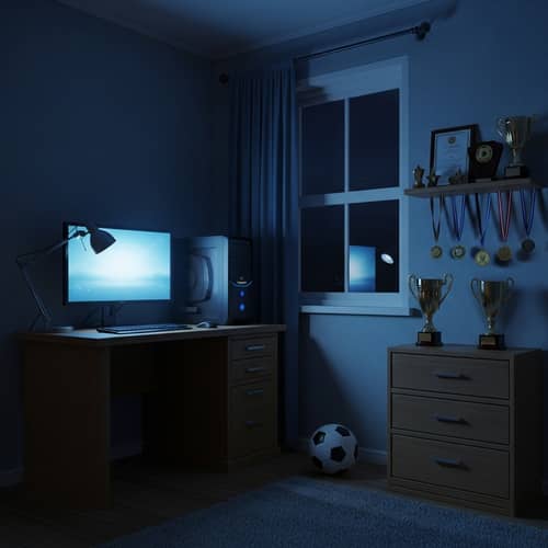 Tranquil Nighttime Room with Computer Desk & Soccer Ball