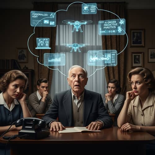 1950s Elderly Man Stunned by Future AI Sales & Marketing Capabilities