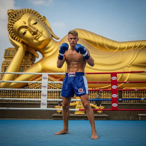 Blonde Muscular Kickboxer in Traditional Fighting Ring