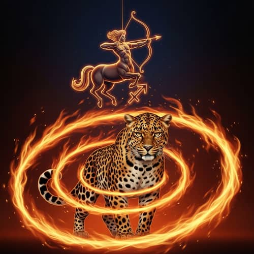 Fierce Leopard engulfed in Fire with Sagittarius Symbol