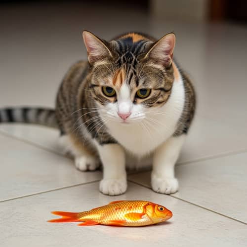 Cat with Amber Eyes Anticipates Vibrant Orange Goldfish