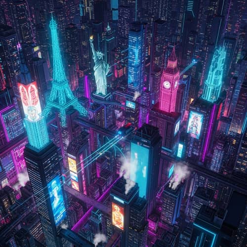 Futuristic Cityscape with Neon Lights and Iconic Landmarks