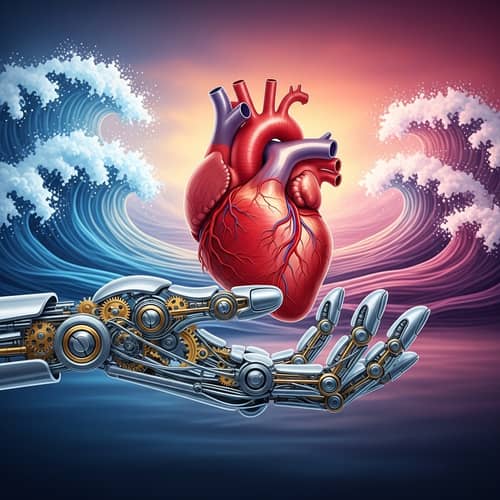 Mechanical Hand Holding Realistic Human Heart | Colorful Waves Background