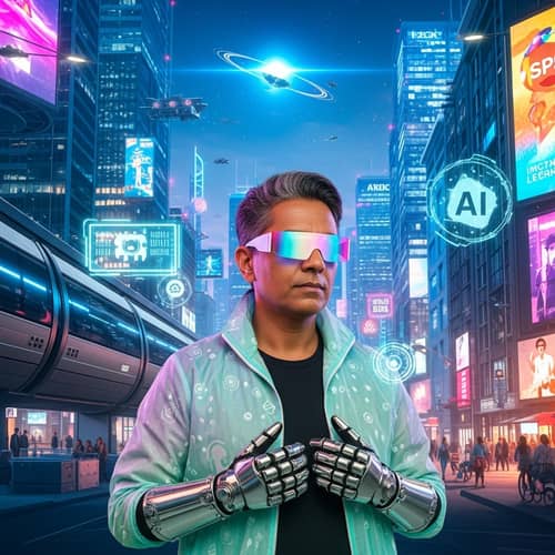 Futuristic South Asian Non-Binary Person in High-Tech Cityscape