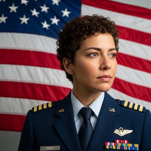 Female Pilot with Olive Skin in Blue Uniform Next to American Flag