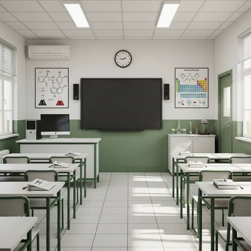 Modern White Chemistry Classroom with Electronic Blackboard