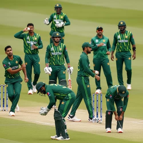 Cricket Players in Pakistan Team Uniform on Field with Diverse Players