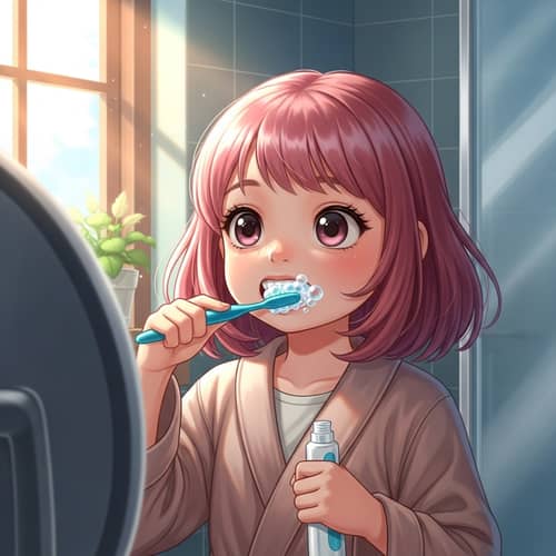 Young Girl with Pink Hair Brushing Teeth in Soft Morning Light