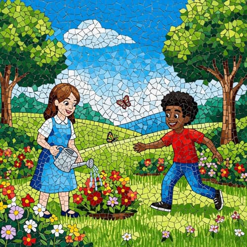 Colorful Mosaic Cartoon Garden Artwork