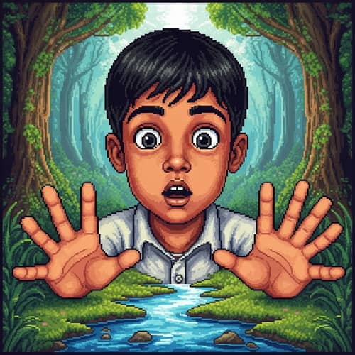 Curious Young Boy in Pixel Art - Nature Exploration