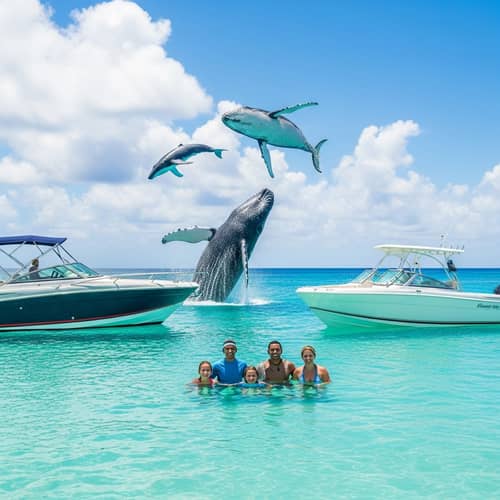 Happy Family Enjoying Caribbean Sea with Futuristic Boats and Majestic Whales