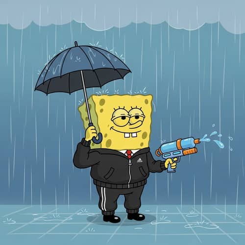 Spongebob in Rain with Umbrella and Water Gun | Funny Cartoon Art