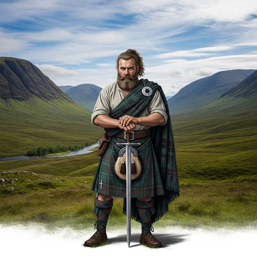 Highlander Warrior in Traditional Attire | Scottish Highlands Landscape