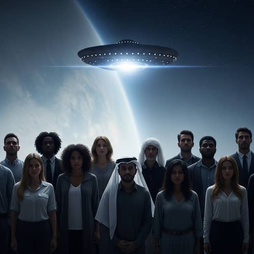 Diverse Crowd Observing UFO Arrival | Skywatchers Enthralled