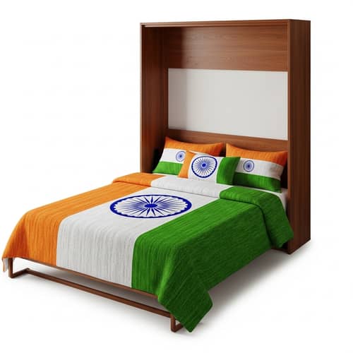 Foldable Wall Bed in Rich Dark Brown with Indian Flag Coverlet
