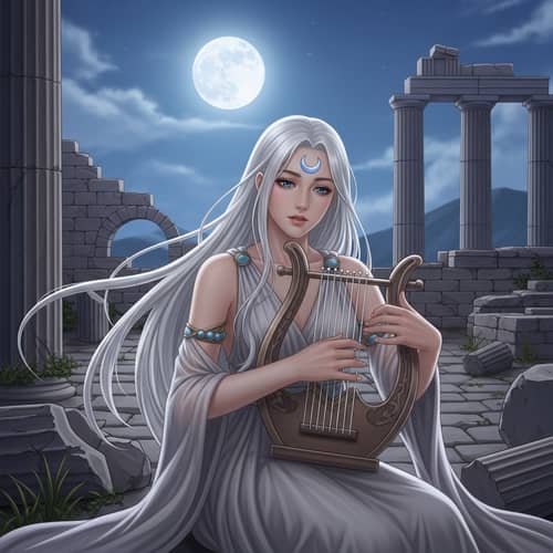 Young Woman Playing Greek Lyre in Serene Moonlit Setting