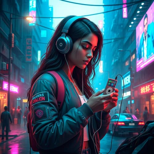 Futuristic Cyberpunk Scene with Young Girl and iPod Music Player
