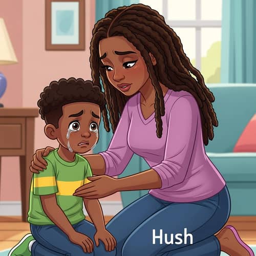 Heartwarming Cartoon Scene: Comforting Black Mother and Son