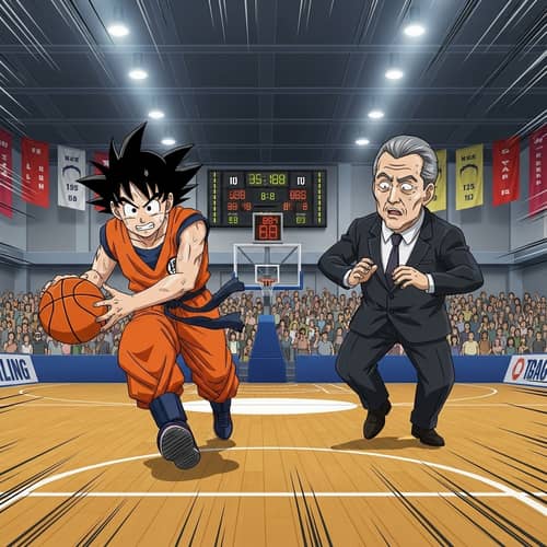 Animated Goku Playing Basketball vs Politician in Exciting Match
