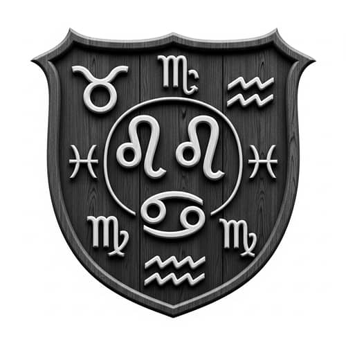 Detailed Family Crest with Zodiac Signs | Monochrome Wood Carved Style