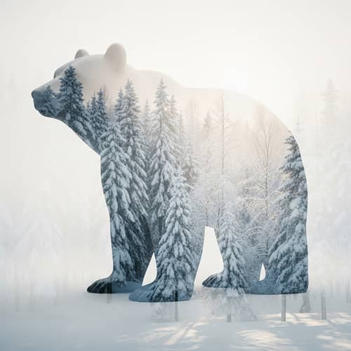 Double Exposure: Sculptural Bear and Snowy Landscape