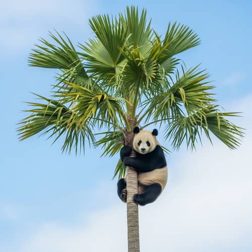 Relaxed Panda on Palm Tree - Nature's Unexpected Scene