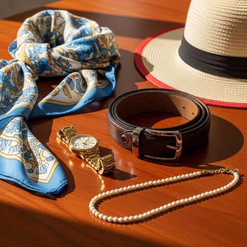 Fashion Accessories Showcase: Silk Scarf, Gold Wristwatch, Leather Belt & More