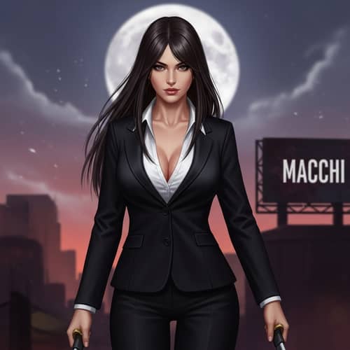 Captivating Woman with Curtain Bangs in Sleek Black Suit | Macchi
