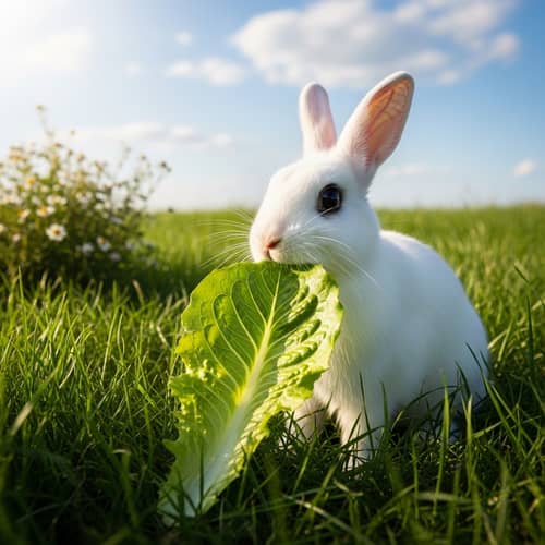 White Rabbit Enjoying Fresh Lettuce in Vibrant Field