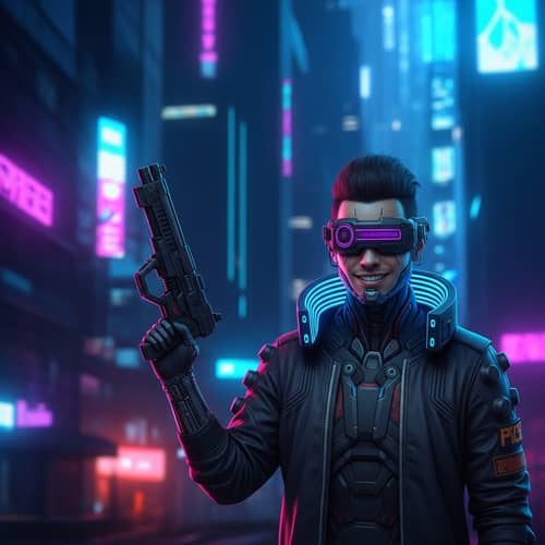 Futuristic Cyberpunk Cityscape at Night with Neon Lights