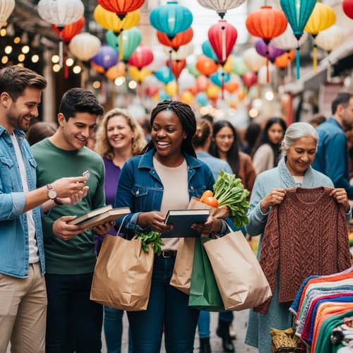 Joyful Shopping Scene with Diverse Shoppers at Bustling Market