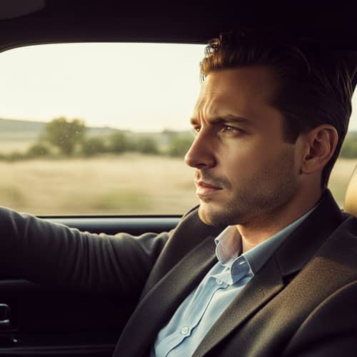 Caucasian Poet Contemplating in Luxury Car Speeding Through Sunlit Countryside