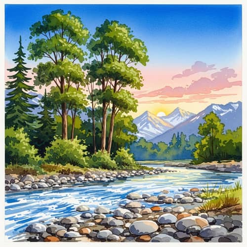 Idyllic Natural Landscape Watercolor Painting