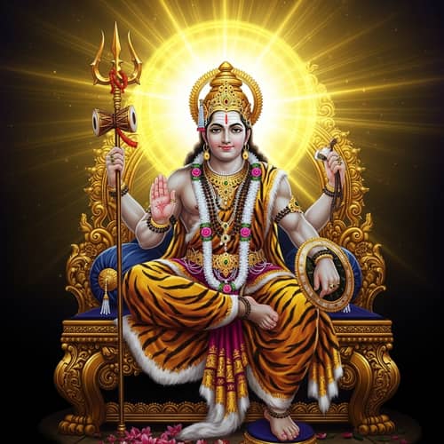 Divine Figure Seated on Golden Throne with Trident and Tiger Skin