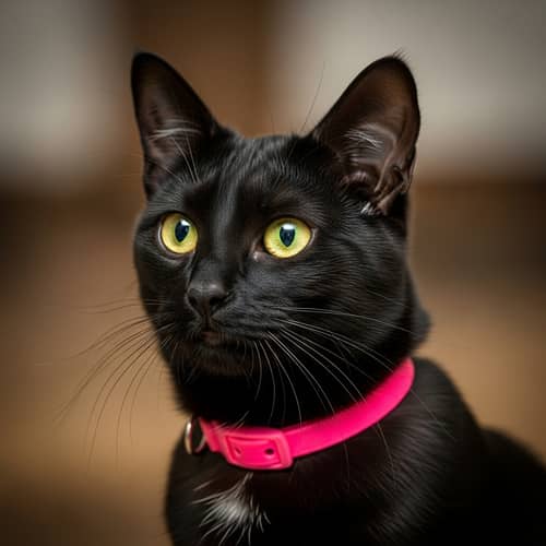 Vibrant Black Cat with Bright Yellow Eyes and Pink Collar