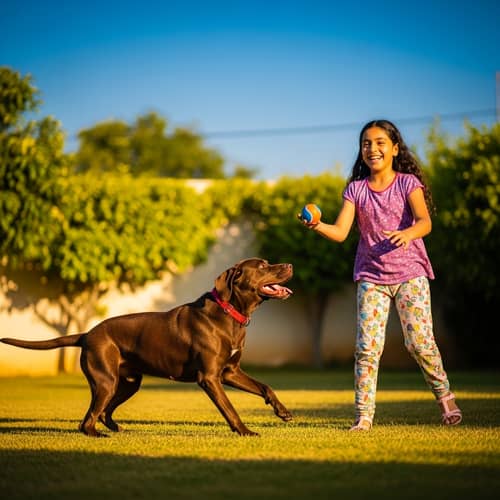Joyful Middle-Eastern Girl Playing with Brown Dog in Sunlit Garden
