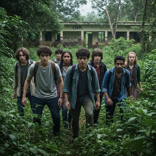 Diverse Youth Navigating Jungle Near Abandoned School in Uganda