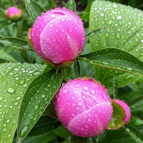 Peony Flowers Blooming After Rain - Serene Garden Scene