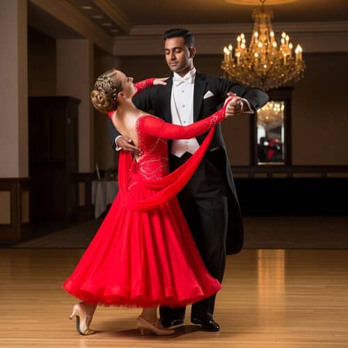 Graceful Waltz Dance: Elegant Couple on Polished Wooden Floor