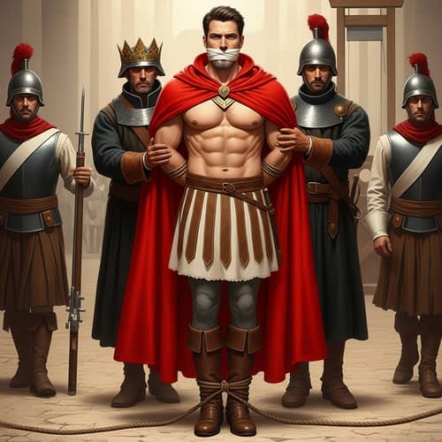 Heroic White Bearded Prince in Red Cape and Brown Boots