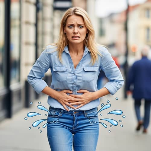 Urgent Restroom Situation - Woman Clutching Stomach