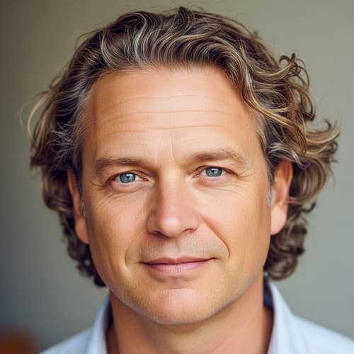 Handsome Blonde Man with Clear Eyes and Curly Hair - 50 Years Old