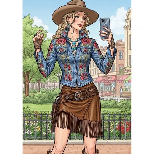 Young Blonde Model in Western American Drawing Style